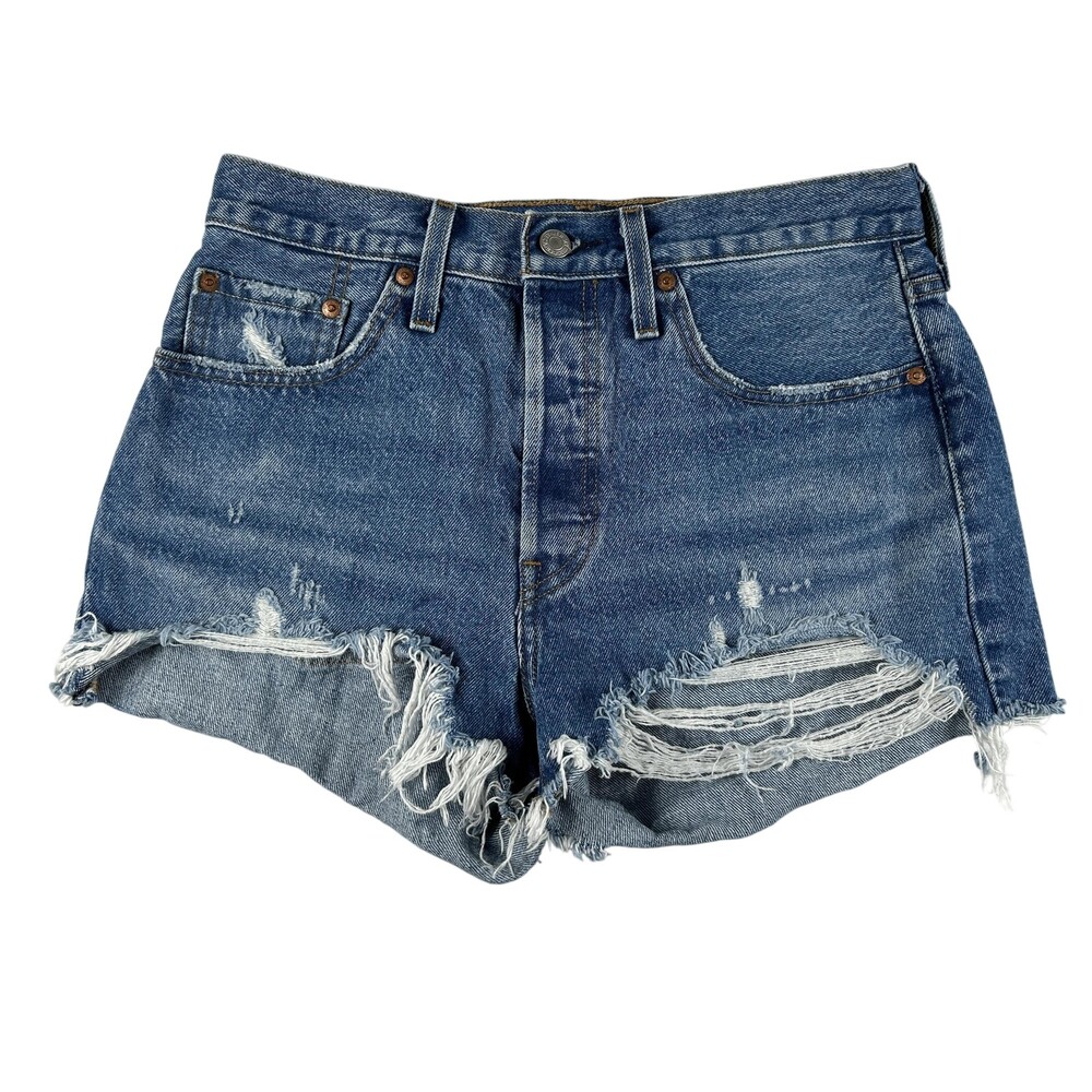 Levi's 501 Shorts Womens 28 Blue Denim High Rise Cutoff Button Fly Distressed